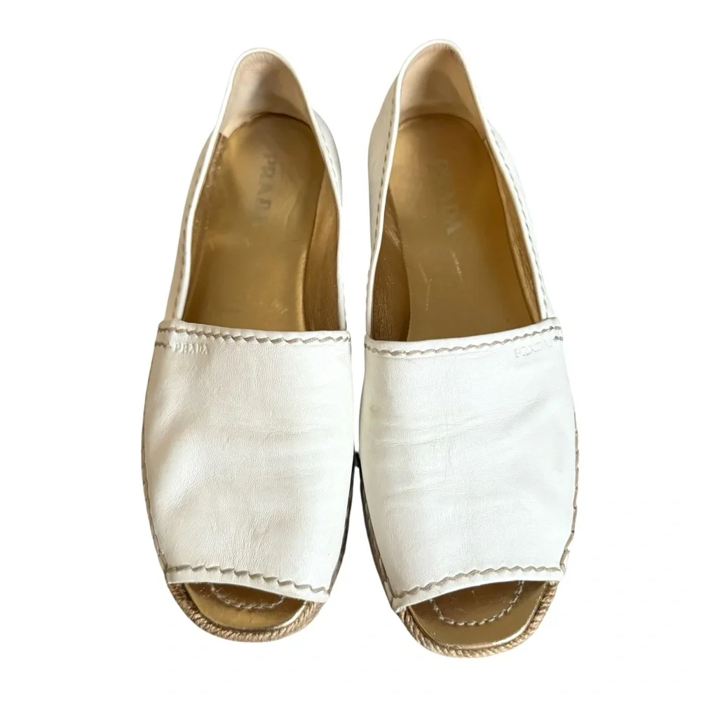 PRADA Platform Open Toe Espadrille White Nappa Leather